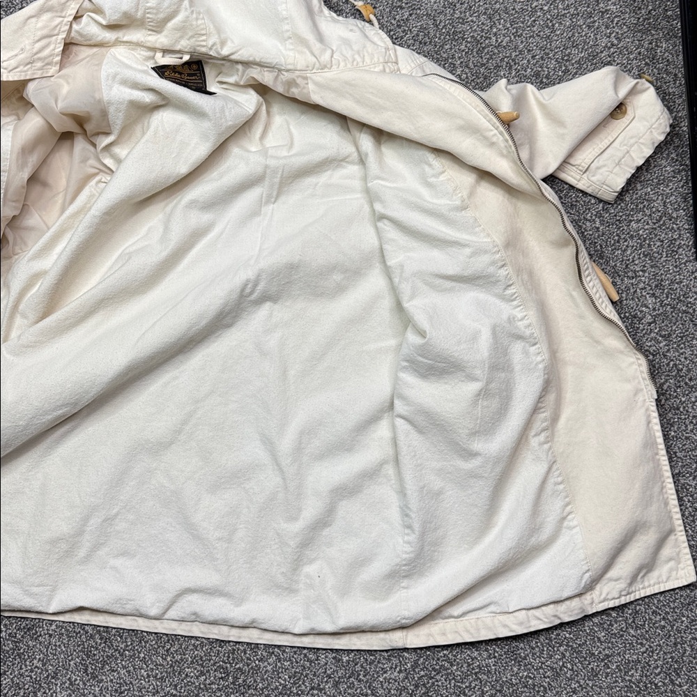 Vintage Eddie Bauer Hooded Toggle Beige Cargo Chore Jacket Size Large - Picture 10 of 11